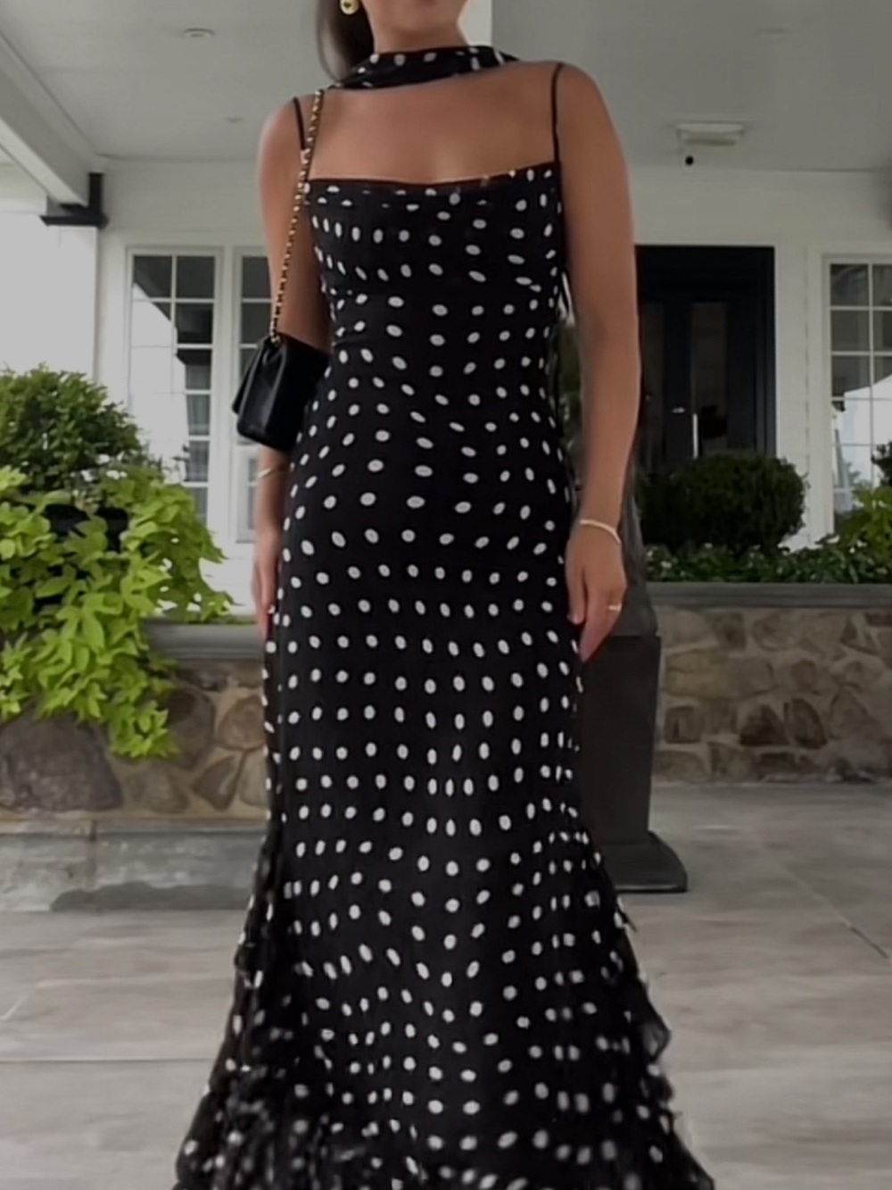 LPA Black and White Polka Dot Maxi Dress with Choker